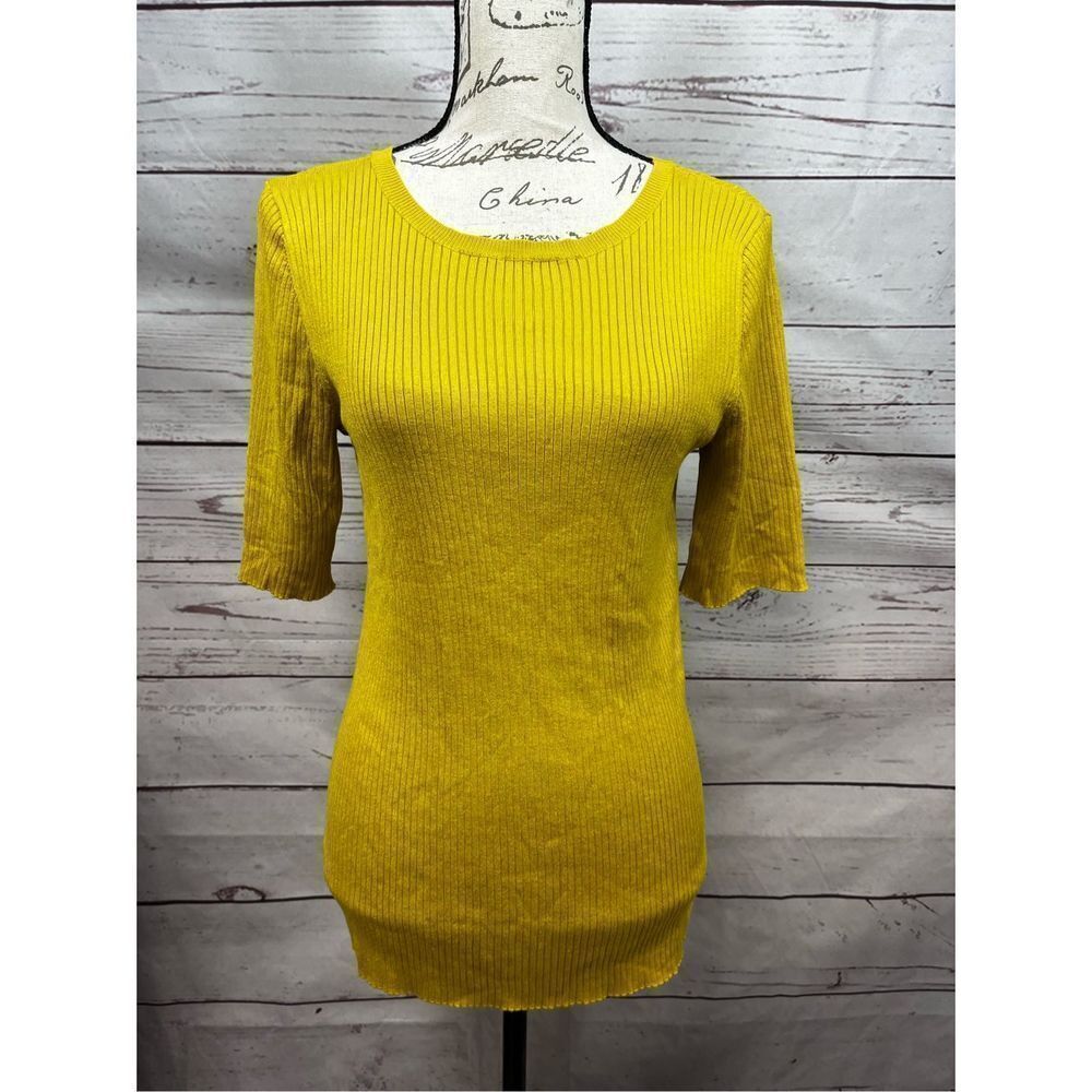 Express Mustard Yellow Ribbed Knit Crew Neck Elbow Sleeve Top XL NEW